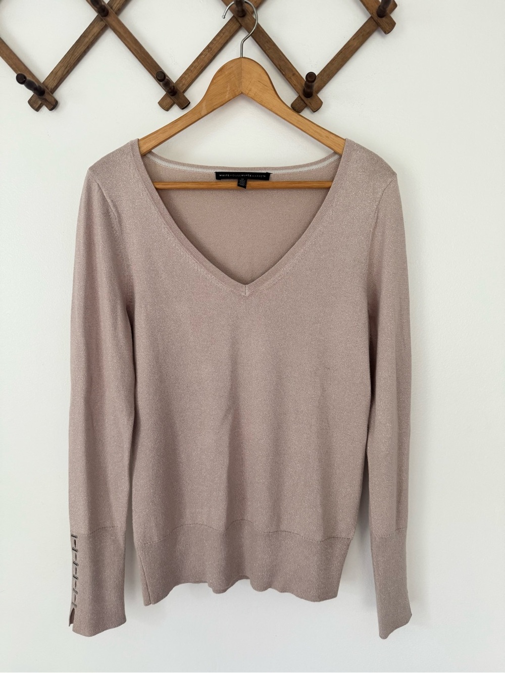 White House Black Market Nude and Silver Shimmery V-Neck Sweater